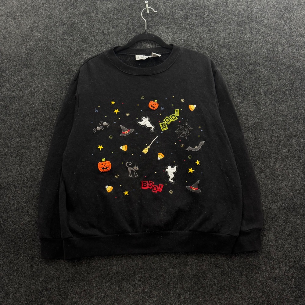 Vintage 90s Basic Editions Halloween Embroidered Sweatshirt Black XL Boo Ghost